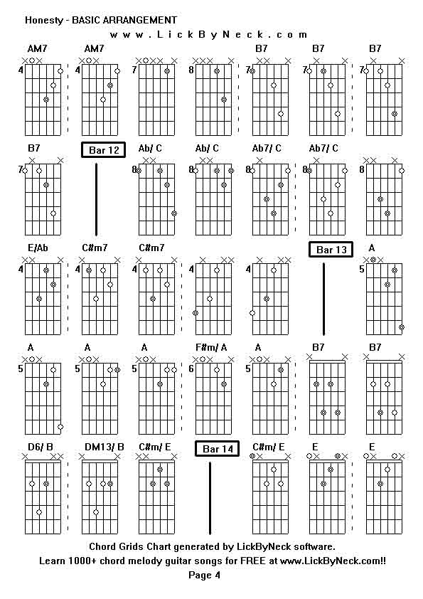 Chord Grids Chart of chord melody fingerstyle guitar song-Honesty - BASIC ARRANGEMENT,generated by LickByNeck software.